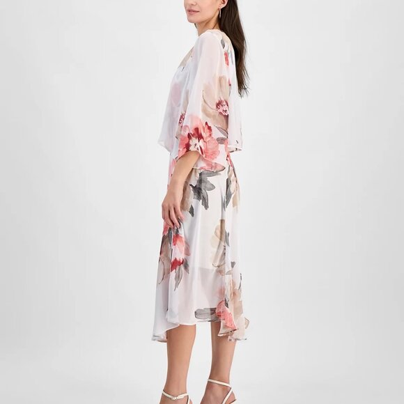 Robbie Bee Women Floral Print Chiffon Midi Dress & Jacket Set White/Multi Sz 12 - Picture 4 of 5